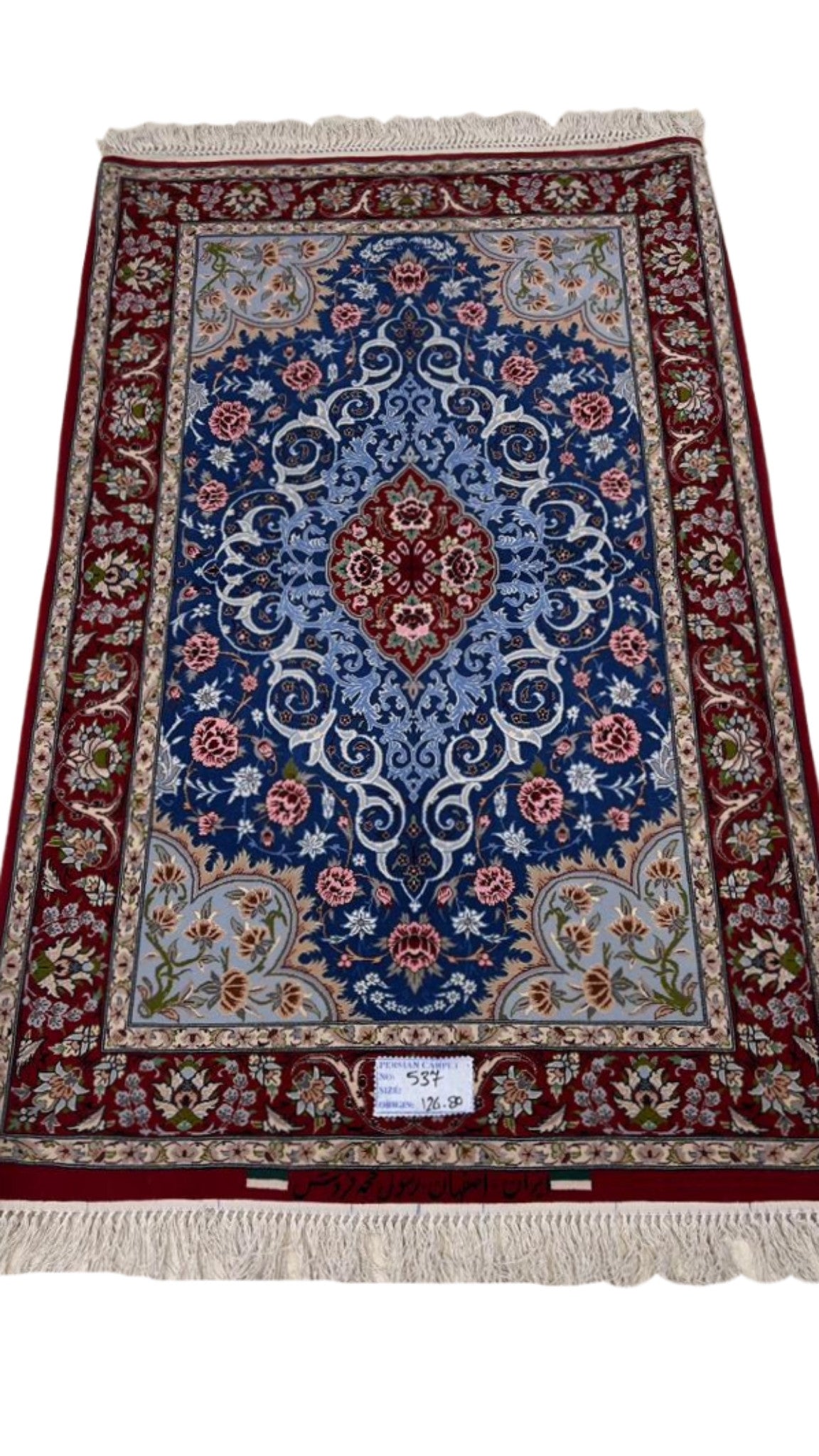 Handmade oriental rug for sale, blue and red design