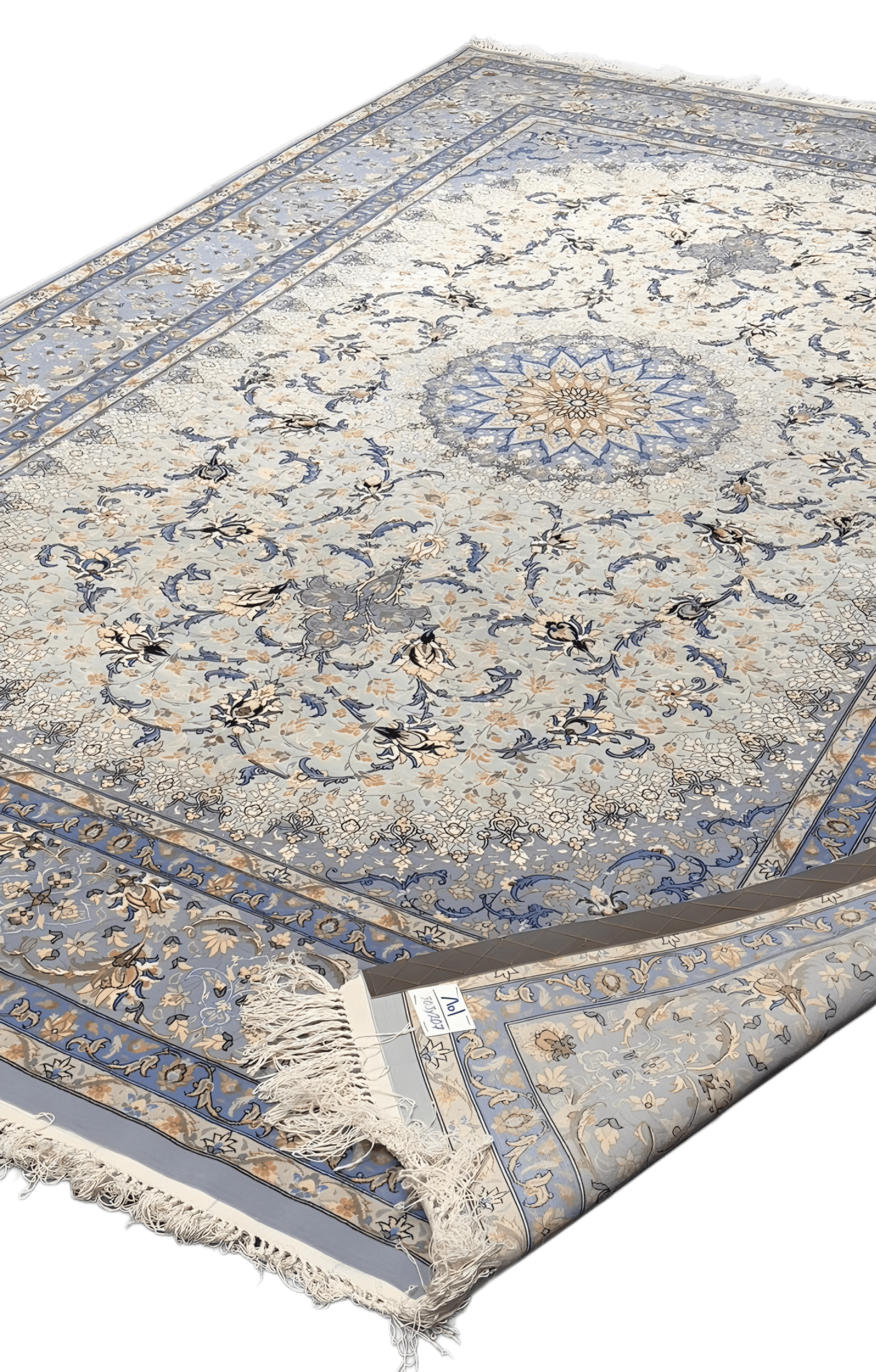 "Isfahan Persian rug, 303x207 cm, with intricate hand-knotted silk and wool floral patterns."
