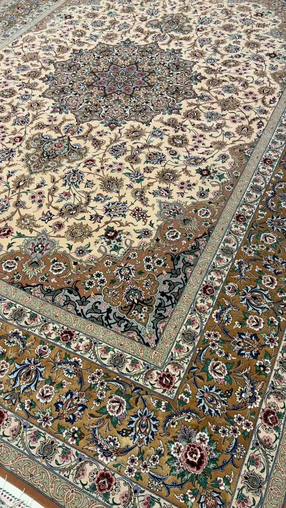 Corner perspective of the elegant beige Iranian rug with hand-knotted craftsmanship