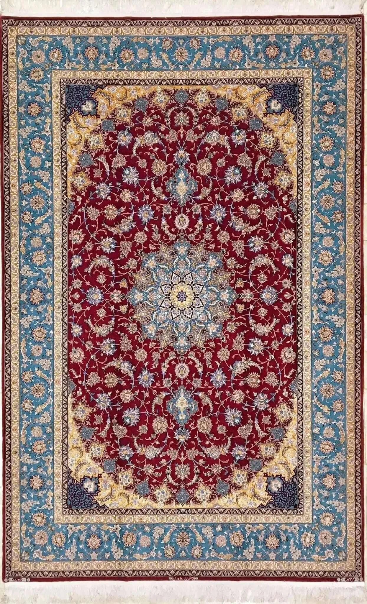 Hand-knotted Persian rug from Isfahan, Iran, featuring intricate silk and wool designs, measuring 300 cm x 200 cm.

