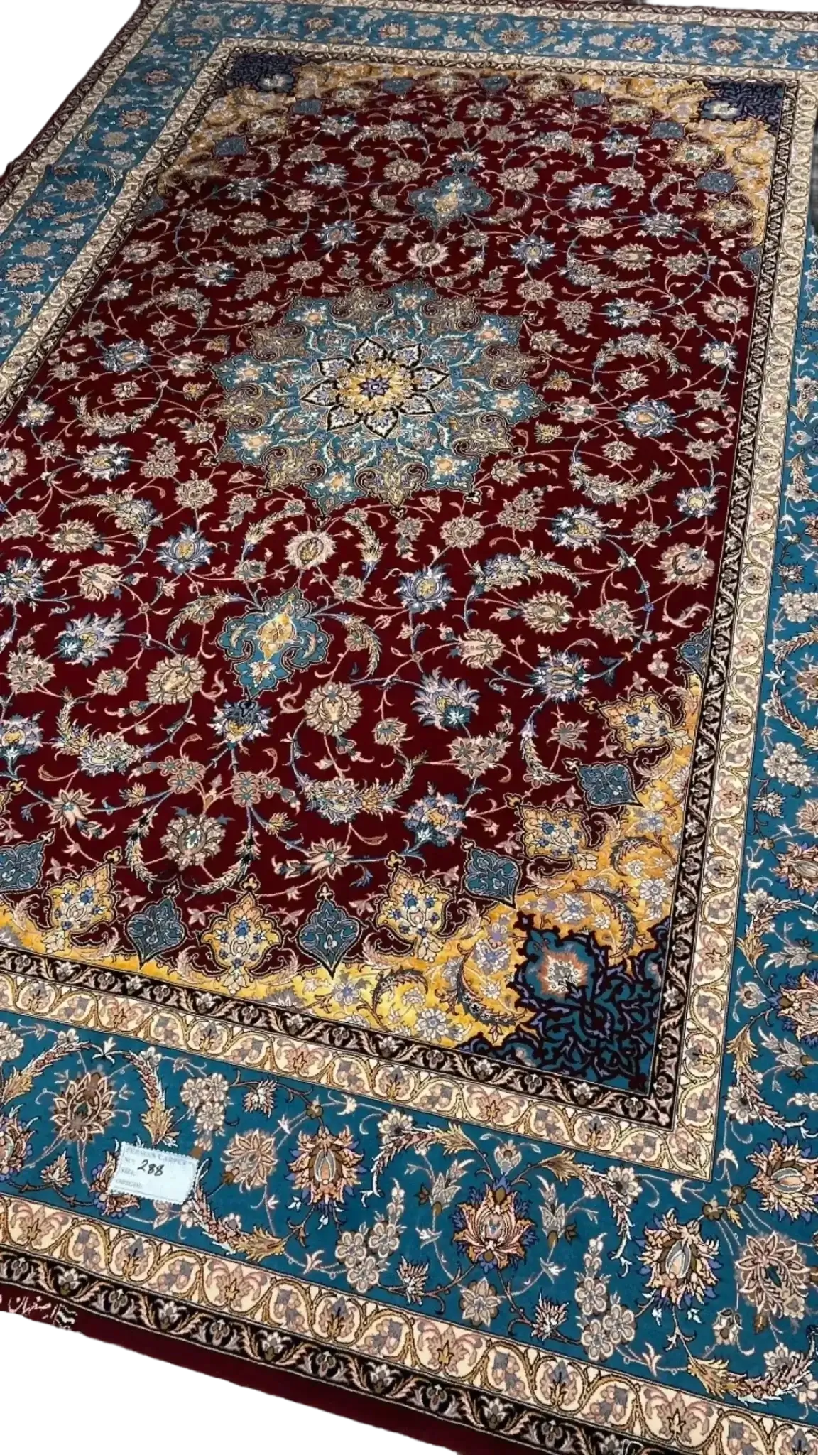 Exquisite Persian rug for sale, handmade with silk warp and wool pile, showcasing traditional Isfahan craftsmanship.

