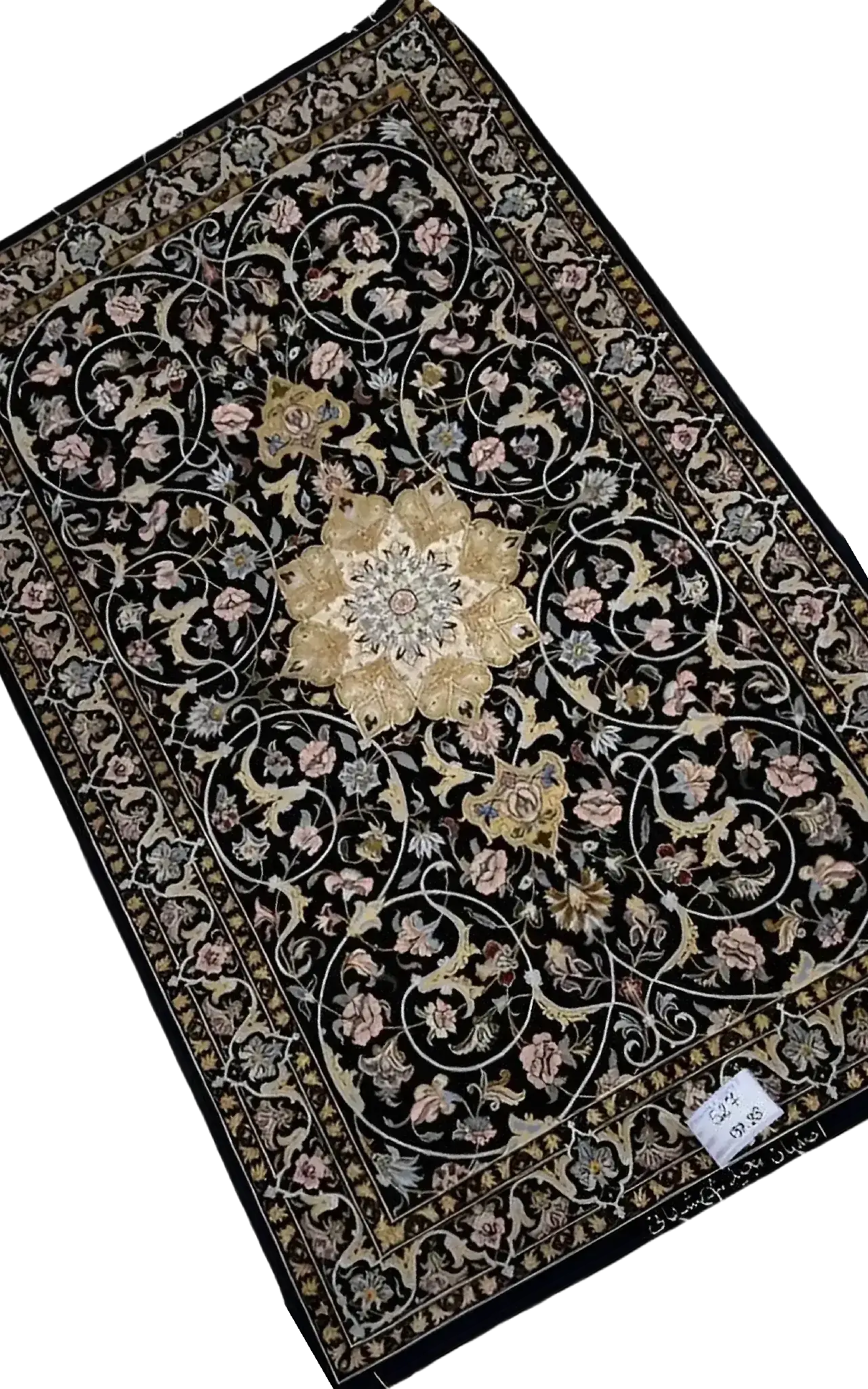  "Handmade Persian rug with wool and silk blend, crafted in Isfahan by weaver Shahshani. The rug measures 137 cm x 88 cm (4.5 x 2.9 feet) with exquisite detailing, perfect for adding a touch of luxury and cultural heritage to any space."