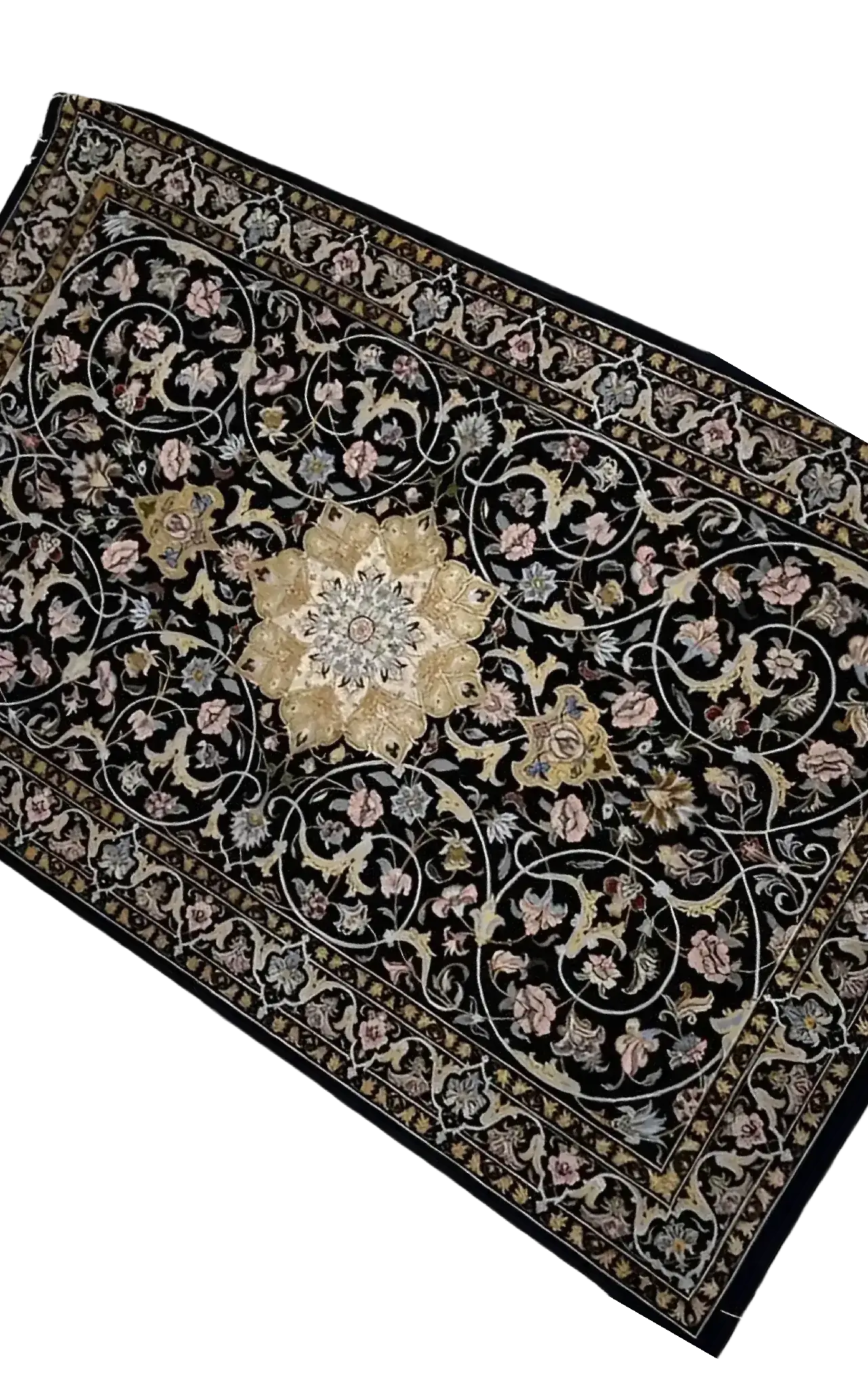 "Persian hand-knotted rug from Isfahan, made with wool and silk, featuring intricate floral patterns. This 137 cm x 88 cm (4.5 x 2.9 feet) masterpiece, created by weaver Shahshani, offers a luxurious texture and rich cultural history."