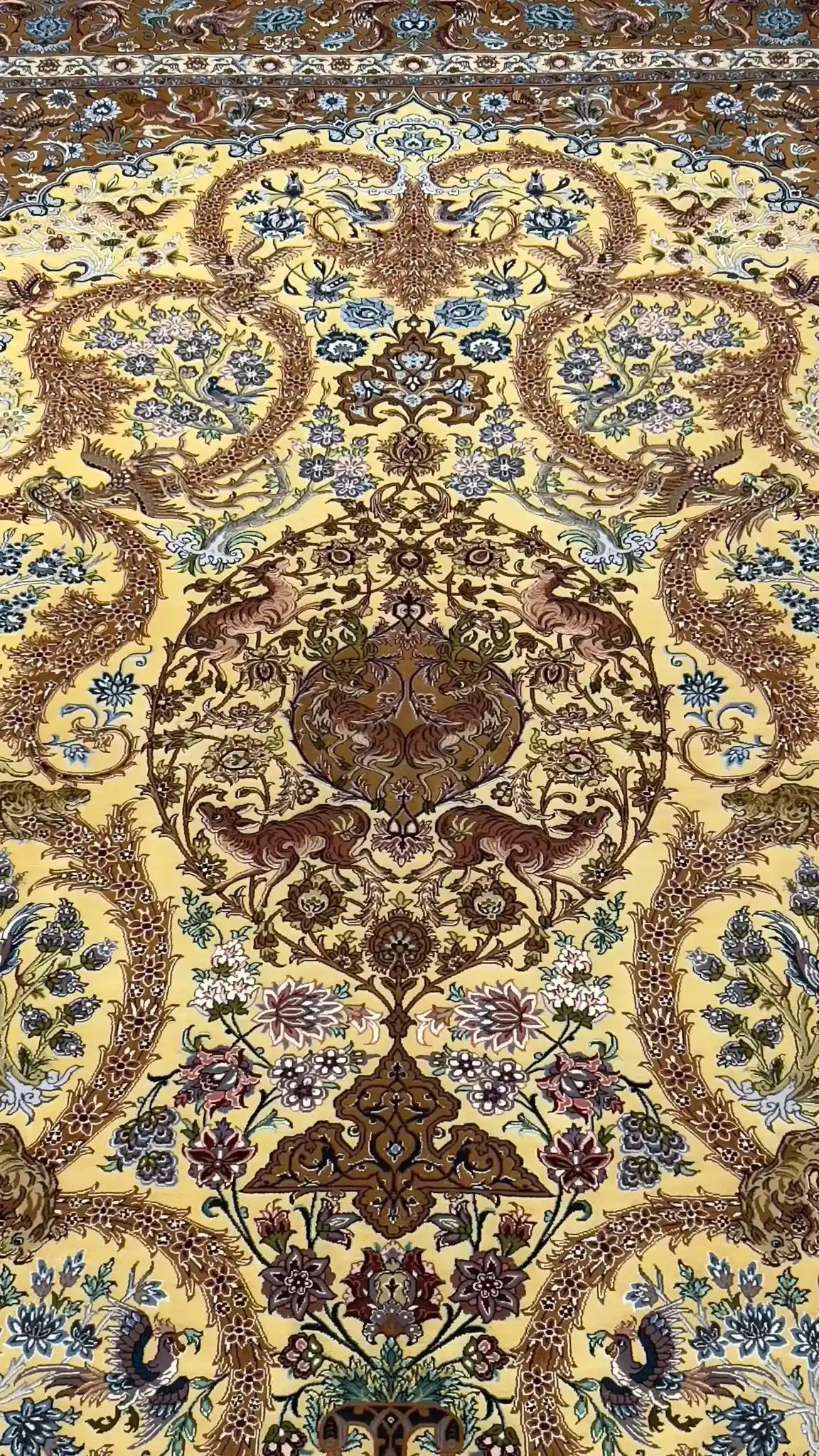 Golden Silk Rug from Dardashtie with intricate floral motifs throughout