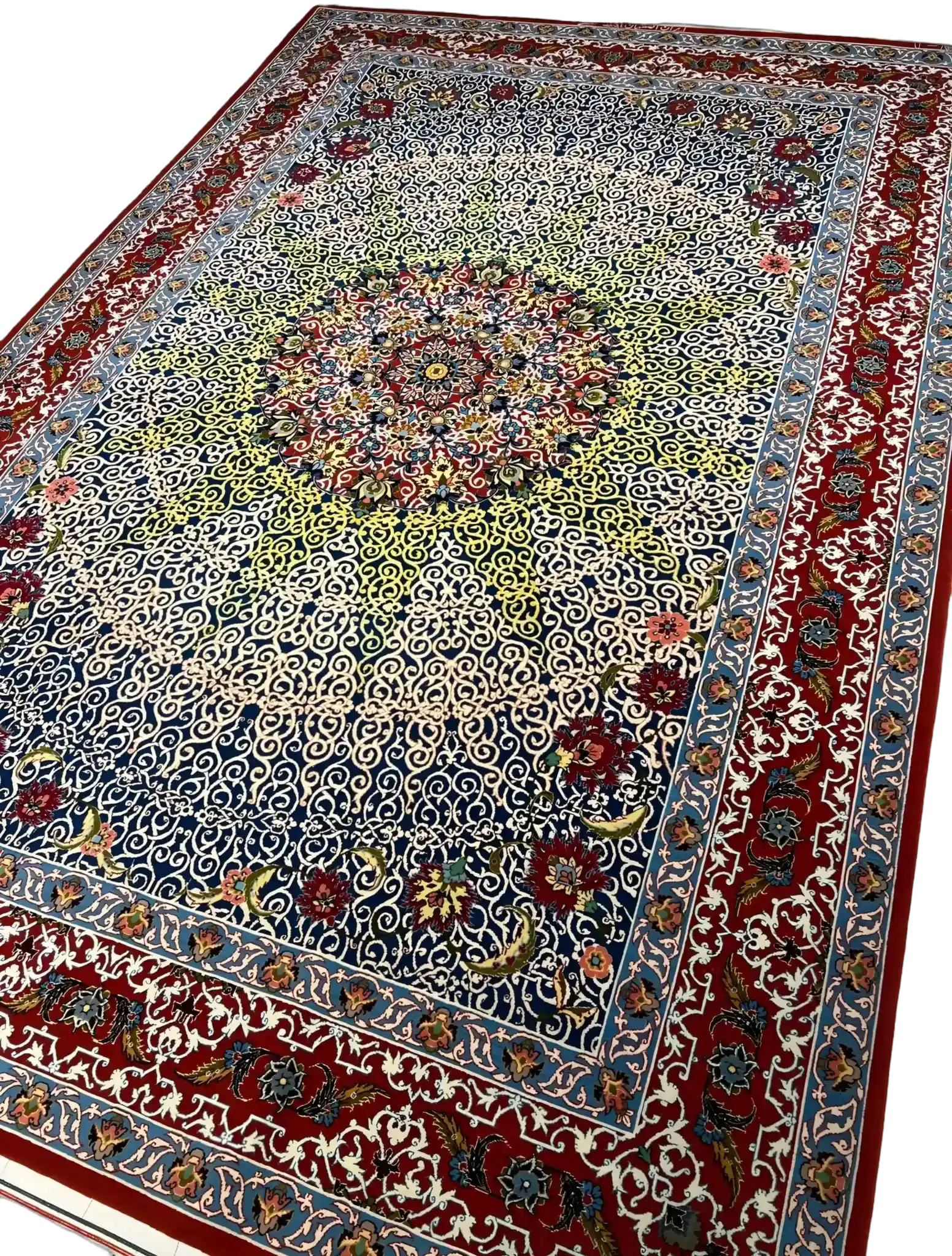 An expansive Haghighie rug showcasing a vibrant, multicolored pattern