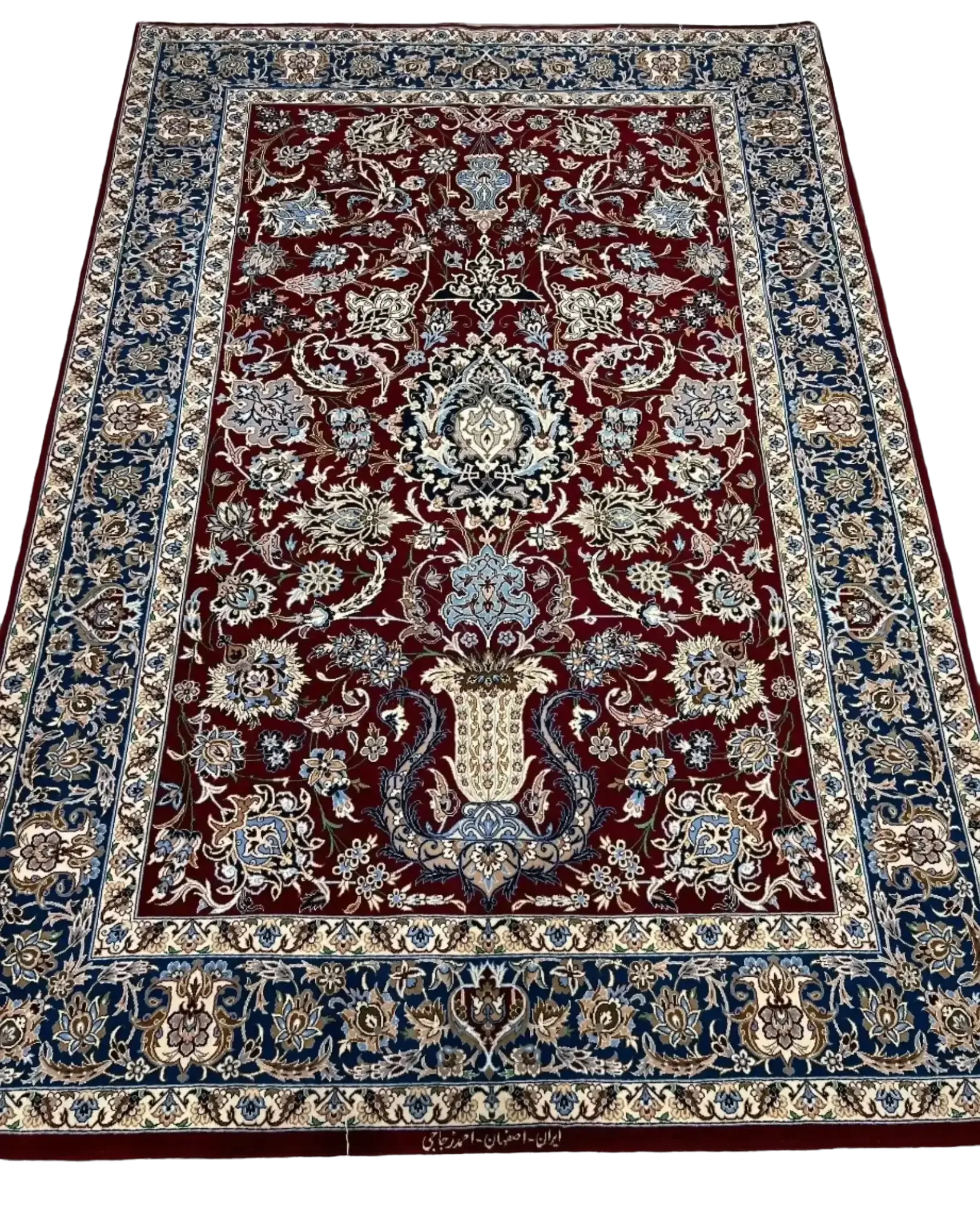 Elegant dark red Persian carpet with traditional motifs available