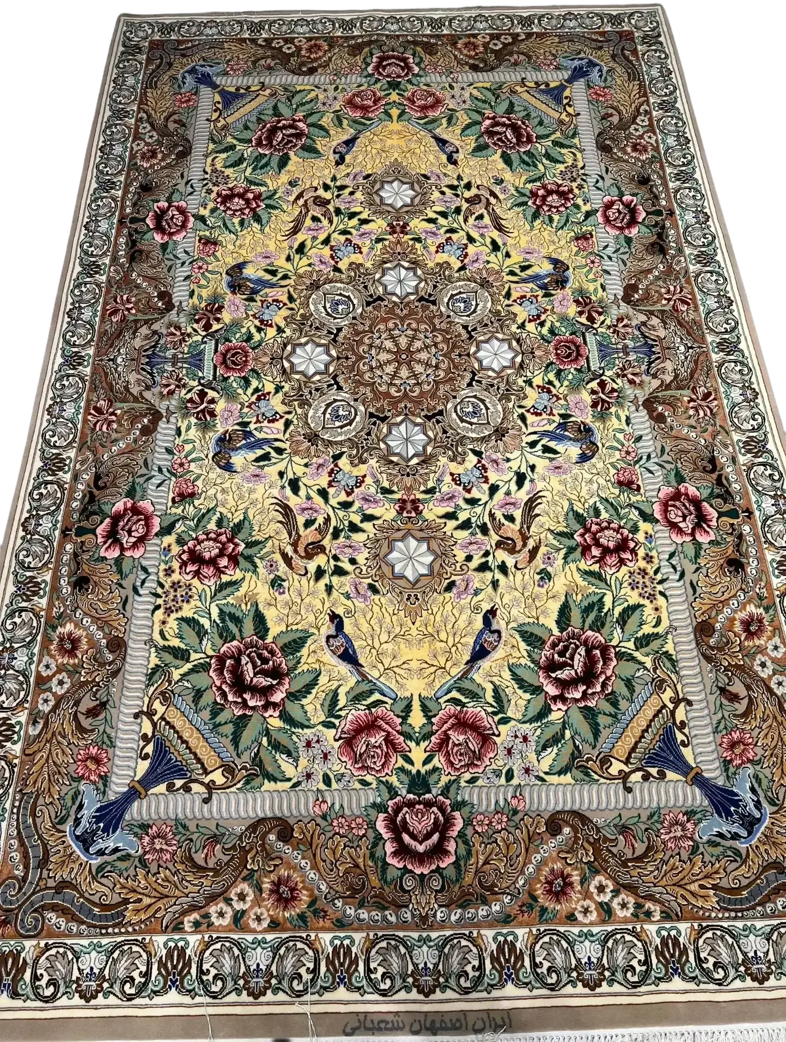 Expansive Isfahan rug showcasing traditional Ghajar floral designs