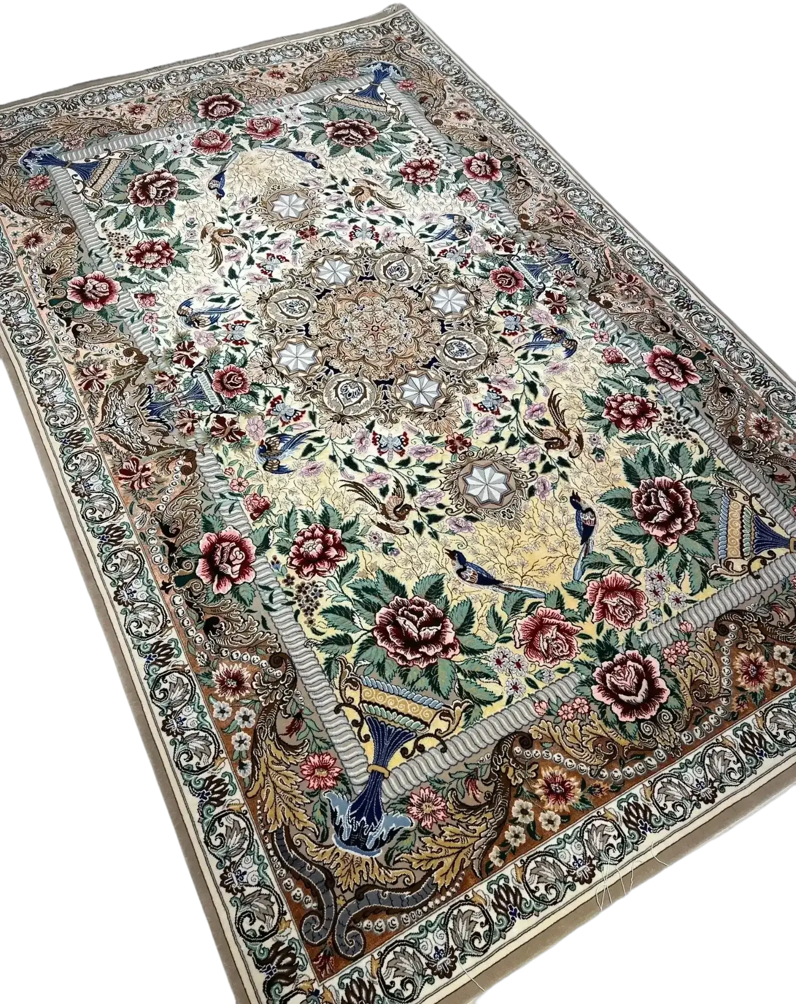 Detailed view of a Ghajar-style Isfahan carpet with floral motifs