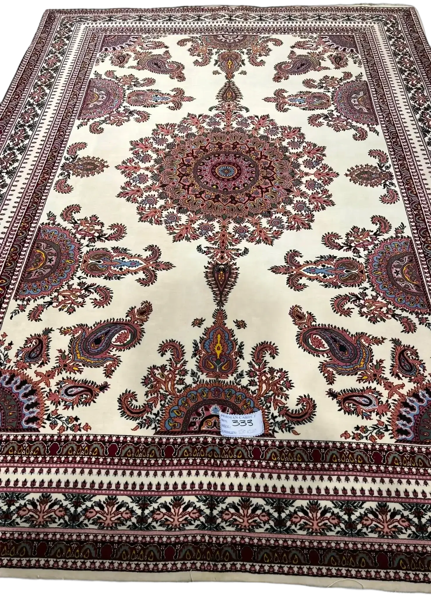 "Hand-knotted Persian Kerman rug with traditional Patheh design, crafted from wool and silk. Perfect area rug for large living rooms, offering elegance and comfort. Authentic Persian rug from Isfahan, Iran."

