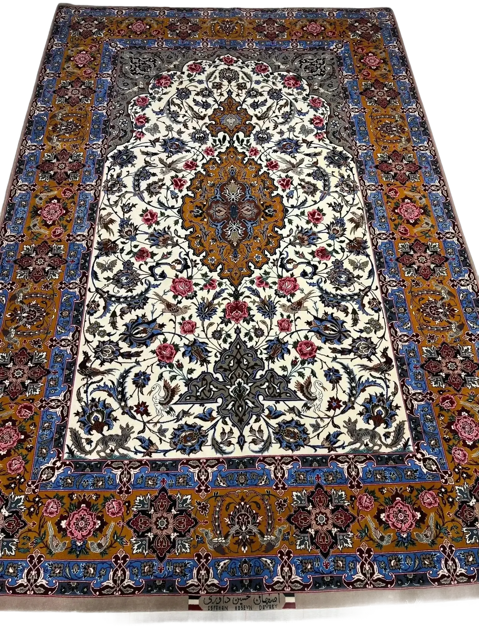 A grand Persian rug showcasing a blend of blue, red, and white hues in its design