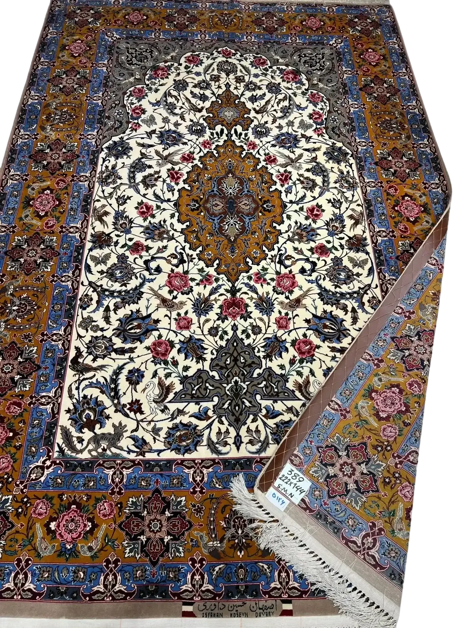 A Persian rug featuring intricate blue, red, and white patterns