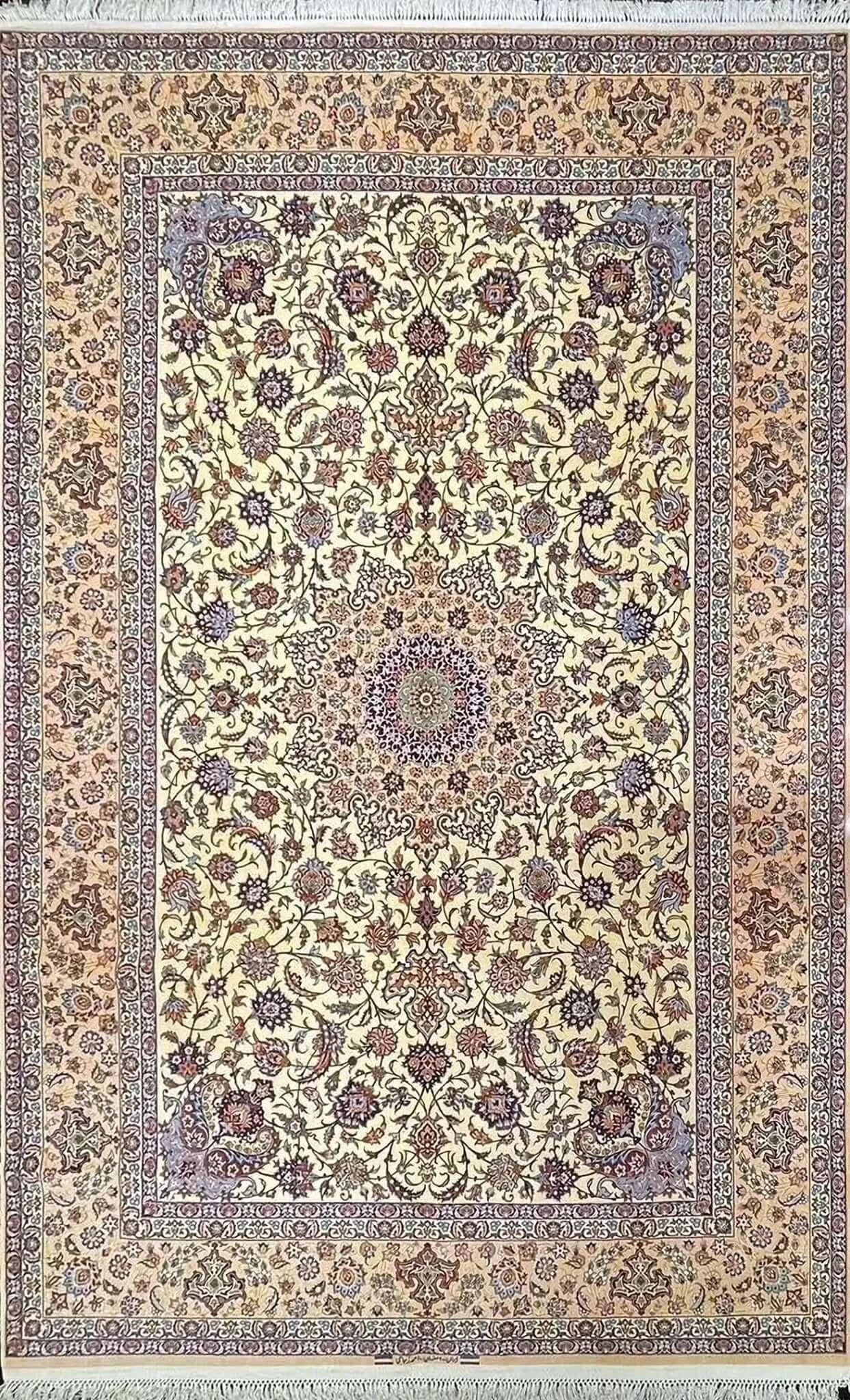 Handmade Isfahan Persian rug with traditional medallion design, crafted in Iran using silk and wool, measuring 323 cm x 203 cm.

