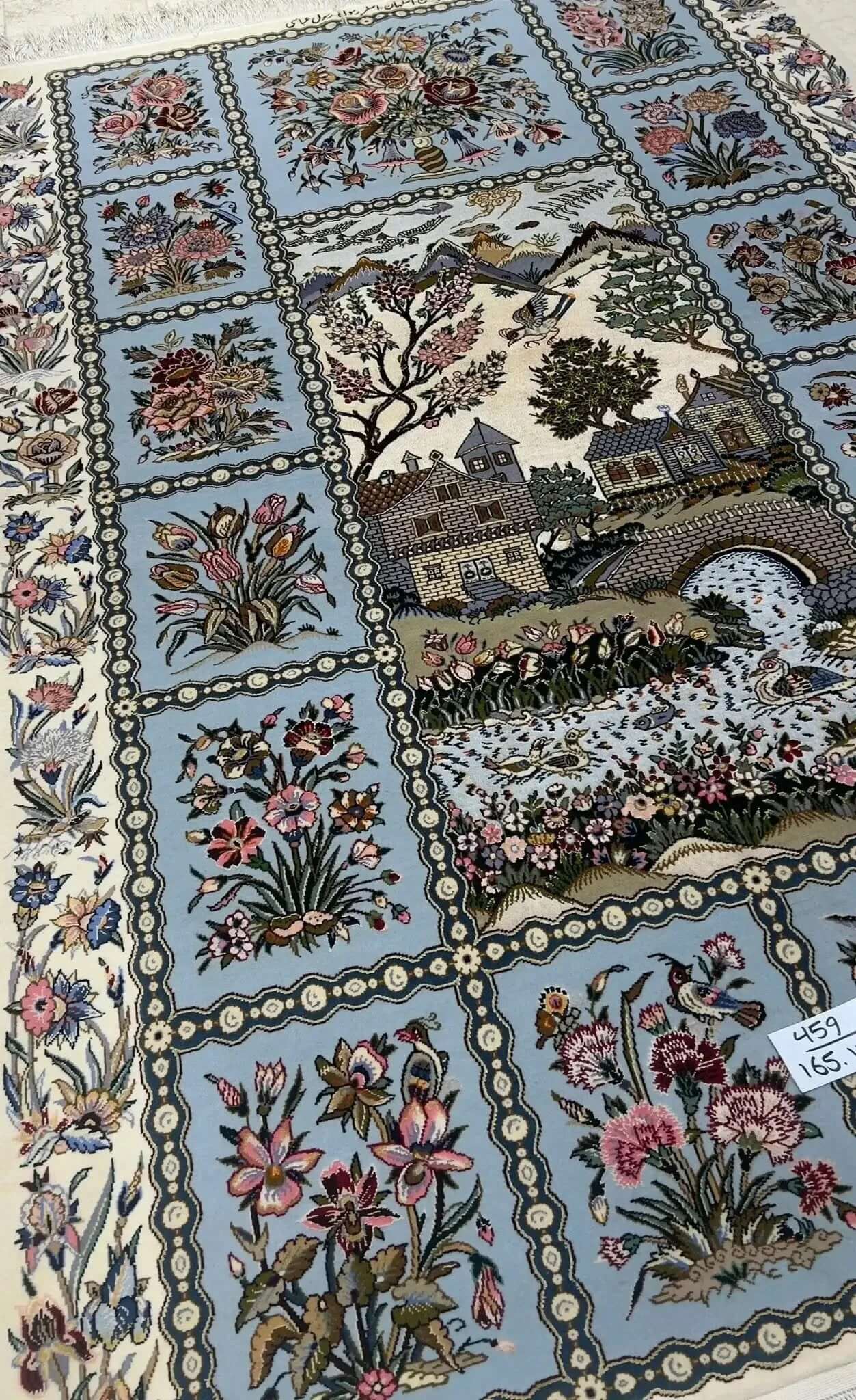 "5.4 ft Persian rug by Rasooli, made with silk and wool, hand-knotted with a knot density of 640,000/m², elegant oriental rug from Isfahan."
