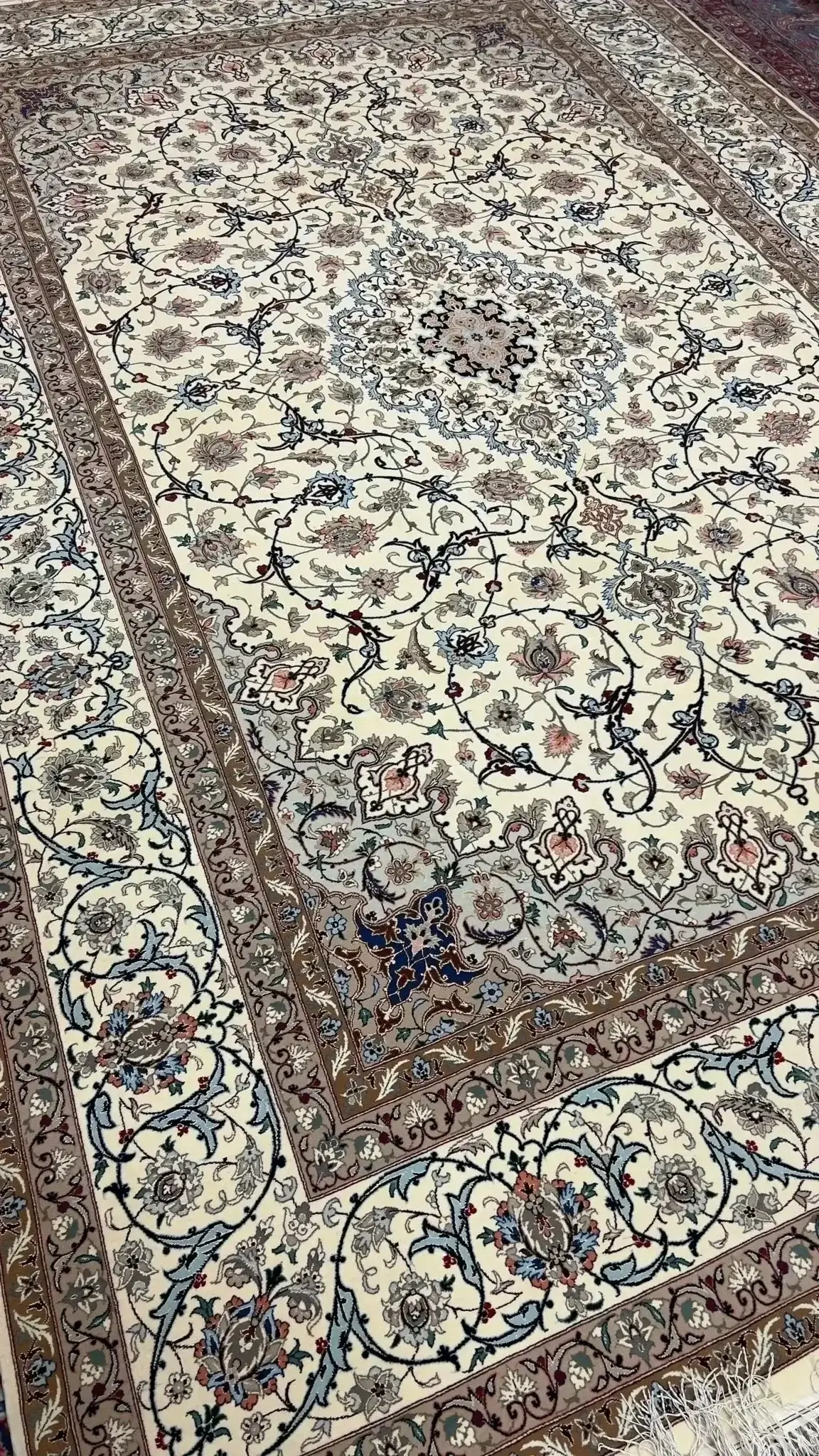 "Exquisite Persian Rug from Isfahan, Handwoven with Silk and Wool, 60 Years Old" – Focusing on the luxurious materials and vintage nature.
