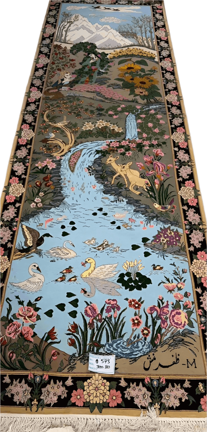 Handmade Persian runner rug with floral and pond motifs