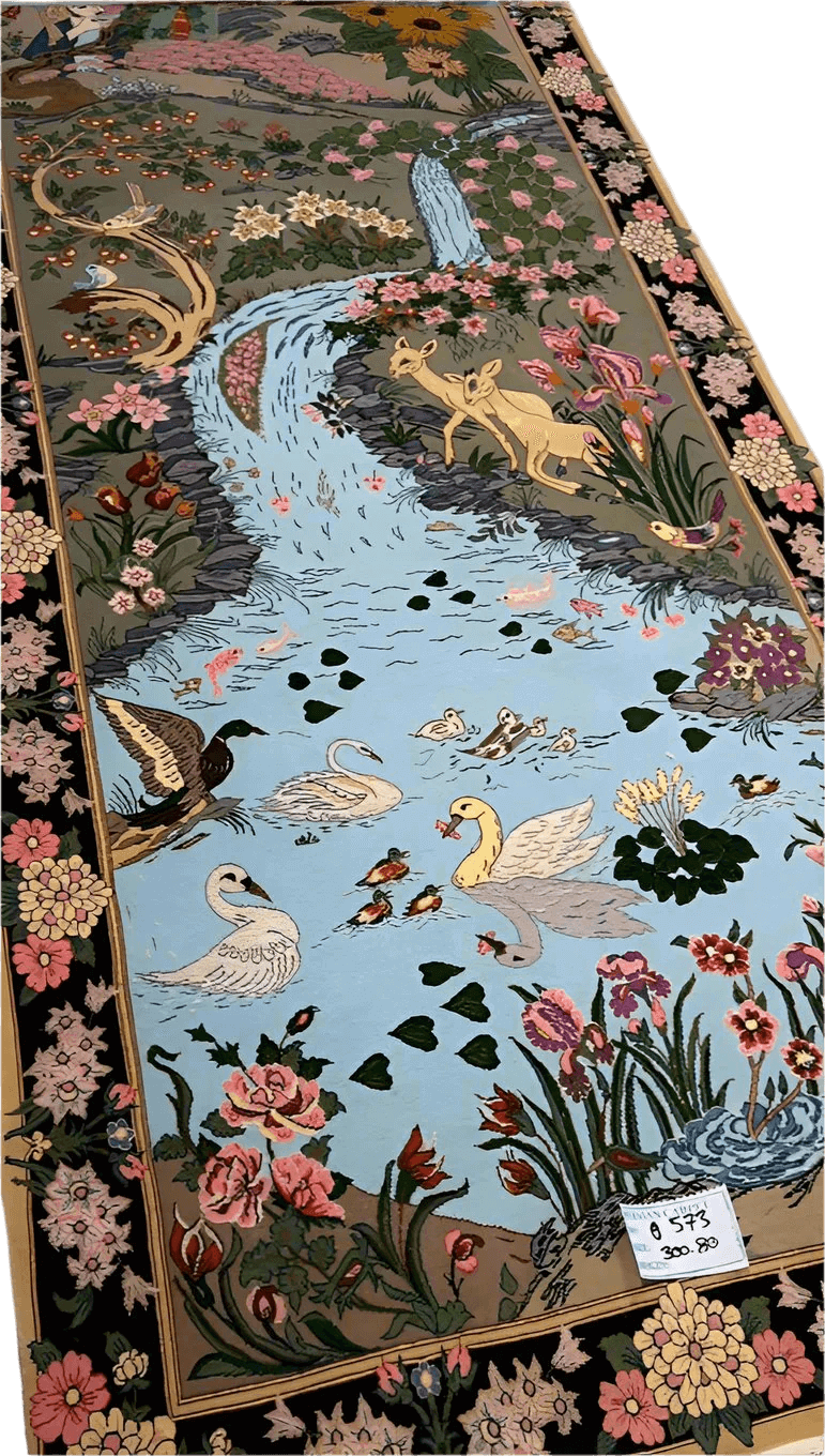 Hand-knotted Persian runner rug featuring a bird and pond design