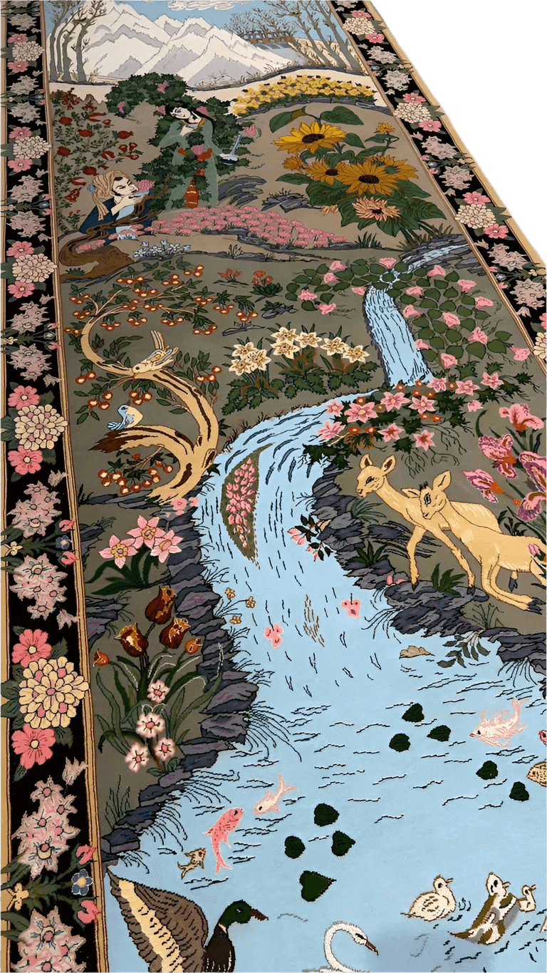 Artisanal Persian runner rug depicting birds and a river scene