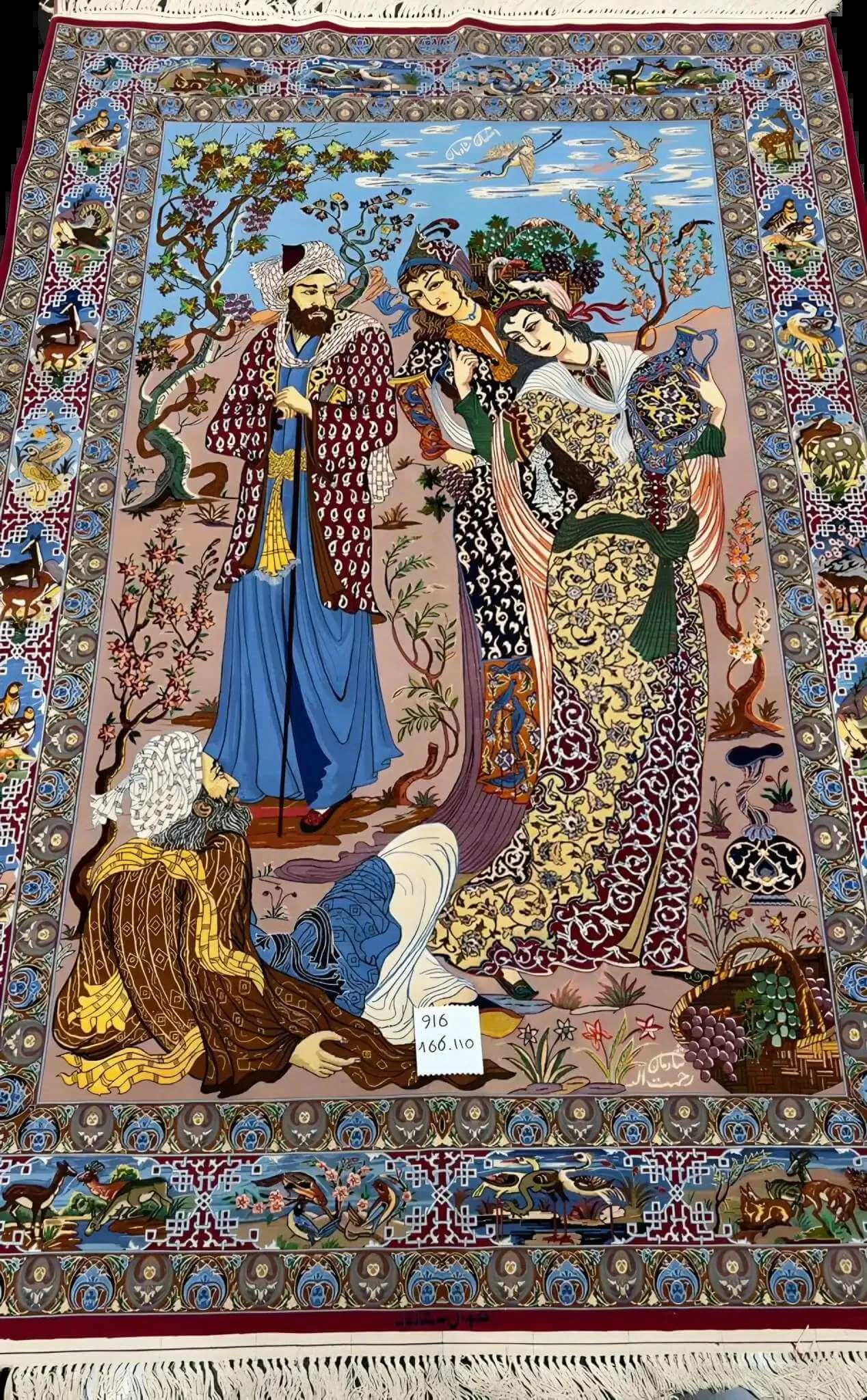 Close-up view of the intricate design on the Exquisite Masterpiece Pictorial Rug by Master Shadman, showcasing the figures of a woman and man