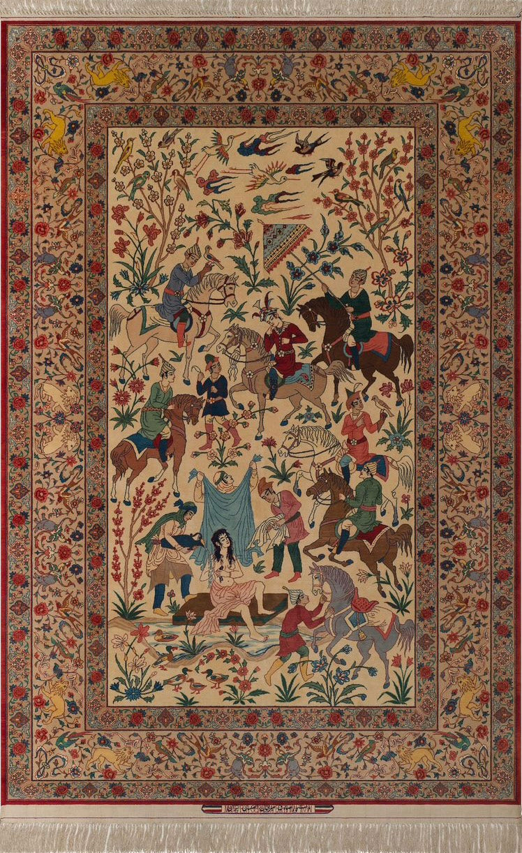 Exquisite Persian rug by Grand Master Sadegheh Seirafian, featuring a detailed hand-knotted design depicting a traditional scene, crafted from wool and silk.
