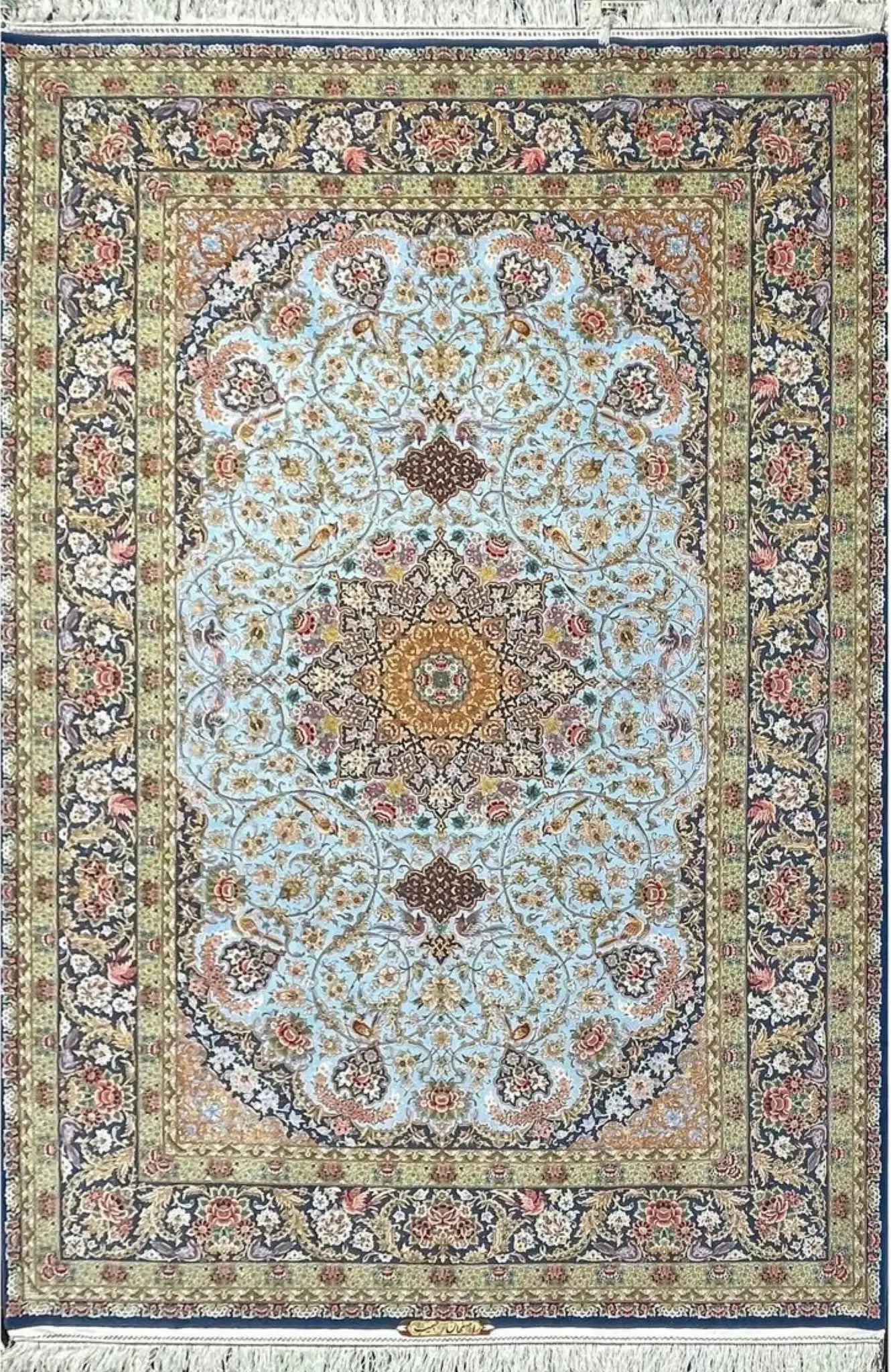 "Luxurious light blue silk floor carpet featuring intricate oriental design elements, perfect for adding elegance to any space."












