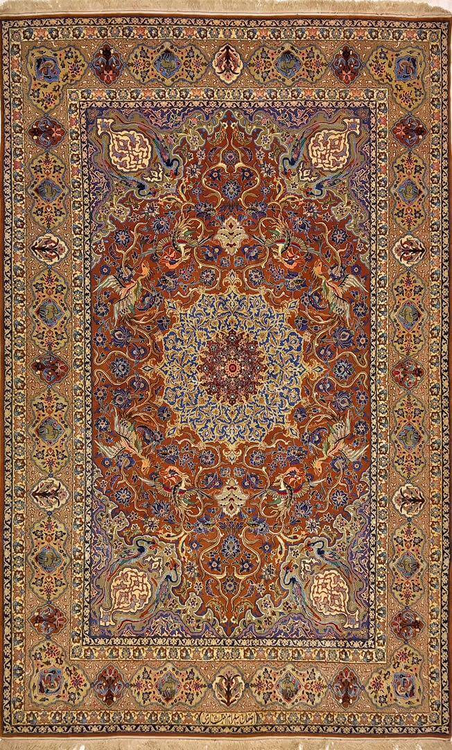 "Hand-knotted Persian rug from Isfahan, crafted by master weaver Bahram Entesharie. This 50-year-old silk and wool carpet measures 255 cm x 149 cm with a knot density of 1,000,000 knots/m², showcasing intricate medallion designs."


