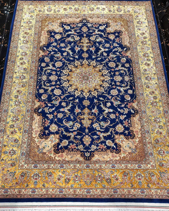 The 220x150 cm Esfahan Persian rug woven by Mohaghegh workshop is a majestic piece of Persian rug-making that boasts an impressive level of craftsmanship, luxurious materials, and exceptional design
