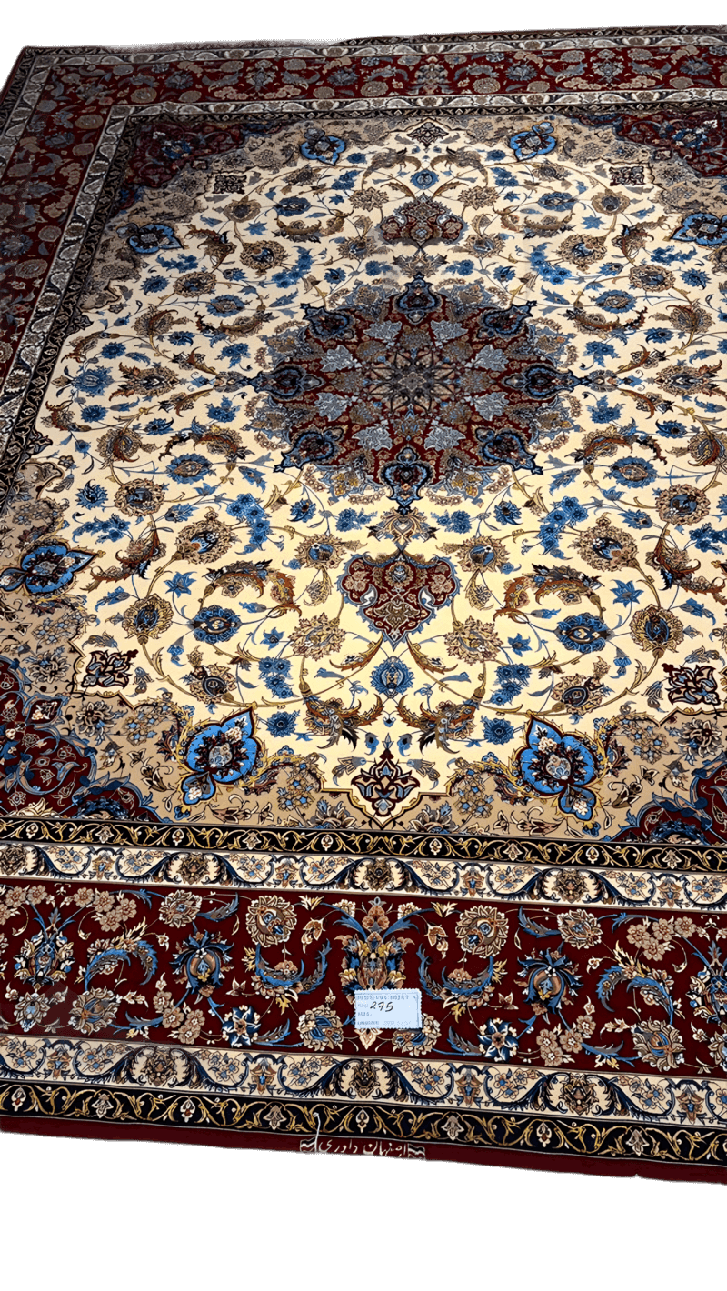 "Hand-knotted Persian rug with vibrant red and blue colors"