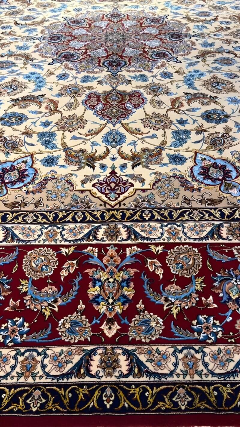 "Close-up of intricate medallion design on Isfahan rug"