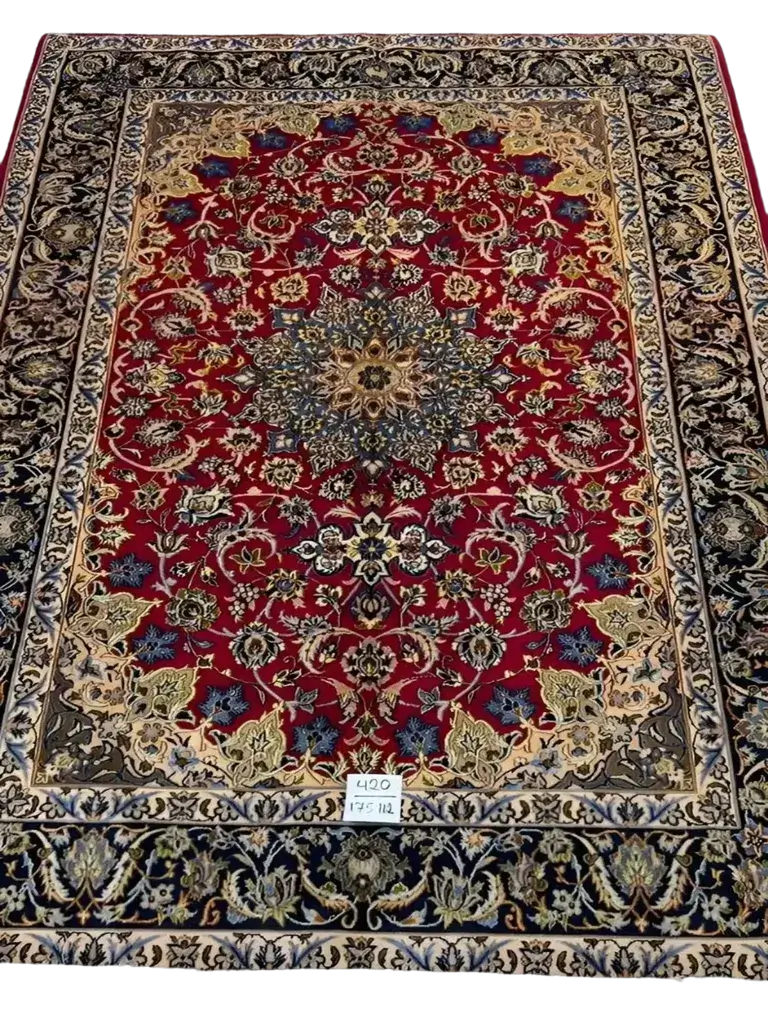  "Elegant Isfahan Persian rug, handmade with wool and silk. Decorative oriental rug perfect for home décor, size 5.7 feet x 3.6 feet, showcasing Persian craftsmanship."







