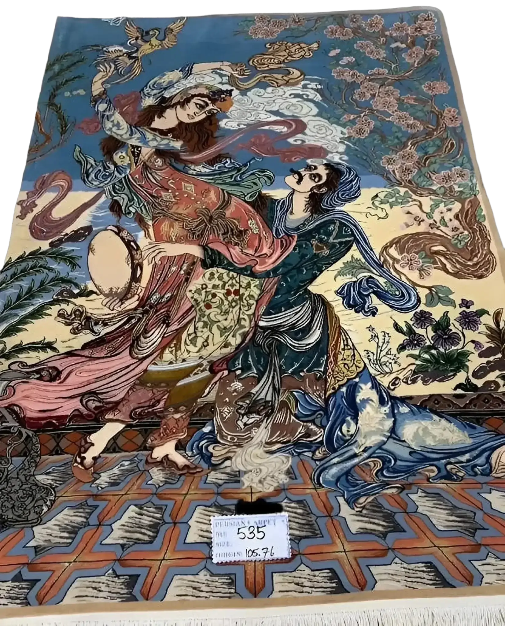 "Luxury Persian Pictorial Isfahan rug – 120 cm x 80 cm, handcrafted with wool and silk, showcasing detailed craftsmanship with 740,000 knots/m² for a timeless decor piece."

