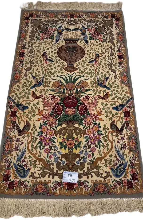 Full view of the 130 cm hand-knotted rug showcasing its elegant floral designs