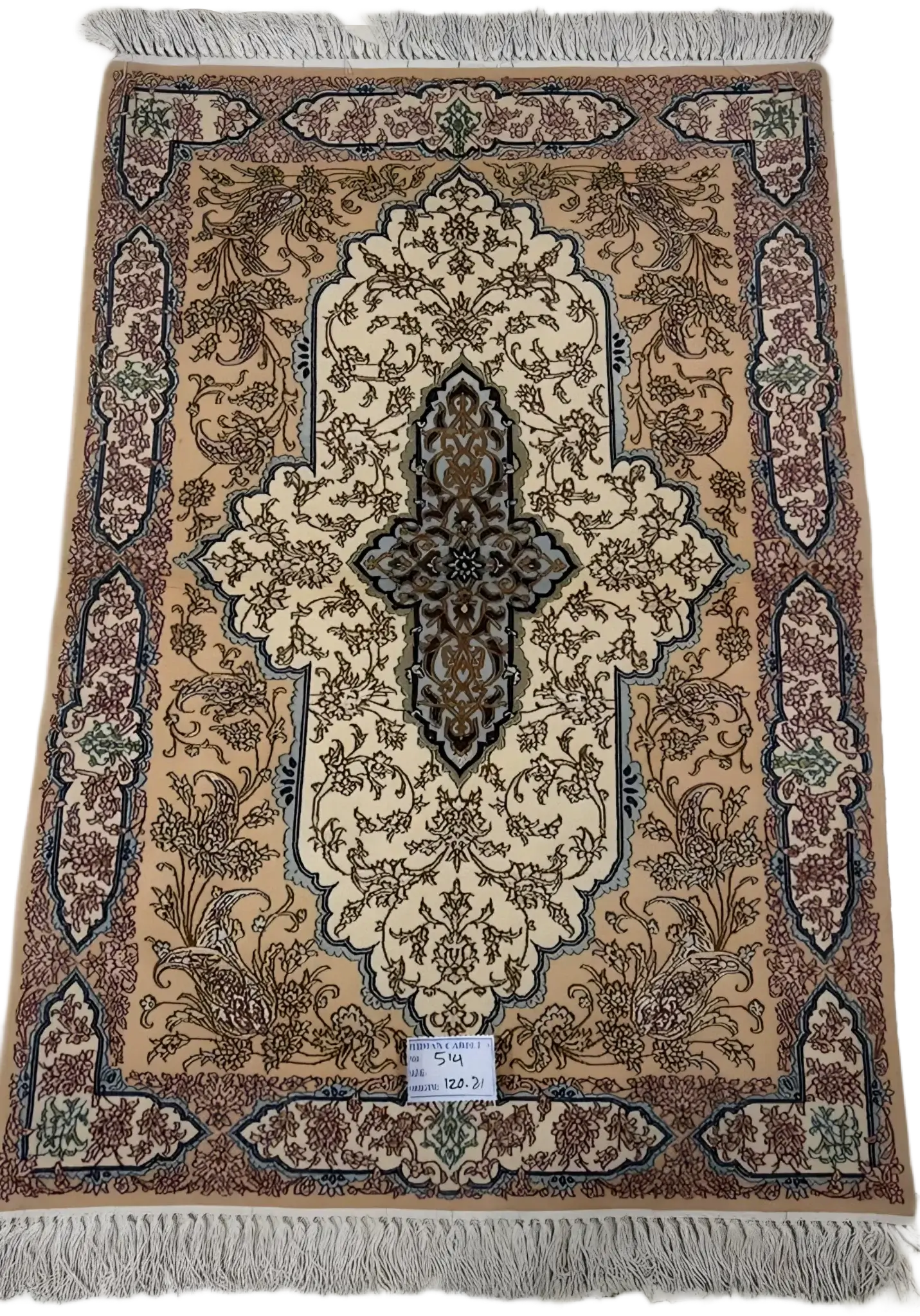 "Hand-knotted Persian rug – 120x80 cm, crafted with wool and silk, featuring 810,000 knots per square meter, a perfect addition to elevate any room's decor." ​​






