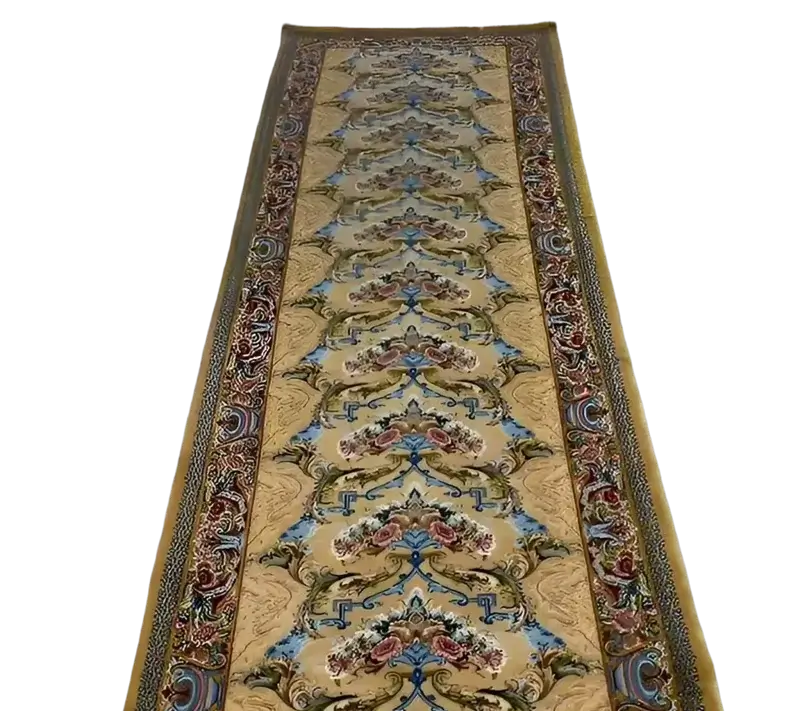 "Hand-crafted Esfahan Persian runner rug from Isfahan, Iran, made with a silk warp and wool-silk pile. Dimensions: 314 cm x 79 cm."

