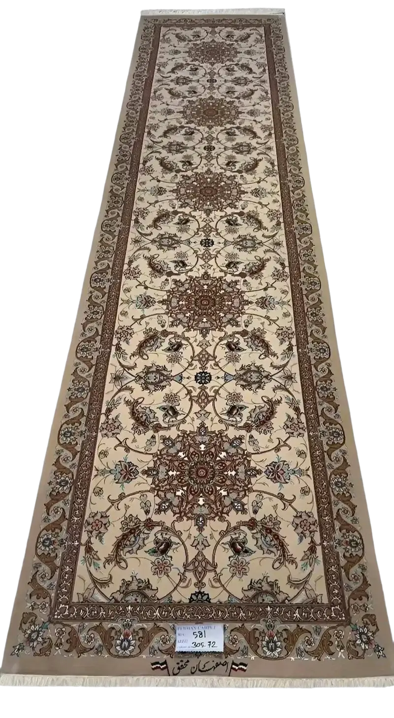 "Hand-knotted Persian runner rug from Isfahan, featuring a luxurious silk and wool blend with expanded floral patterns. Size: 305 cm x 72 cm."

