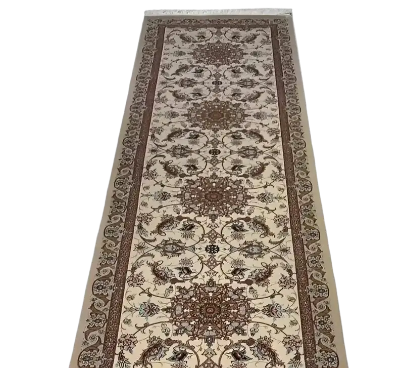 "Elegant Persian runner rug crafted in Isfahan, Iran, using wool and silk, with 640,000 knots per square meter. Dimensions: 305 cm x 72 cm."

