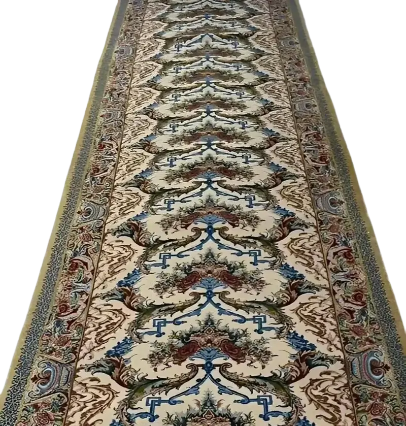 "Luxurious Isfahan runner rug, 410x72 cm, hand-knotted with silk and wool, ideal for hallways and entryways, crafted by Persian weaver Mohaghegh."
