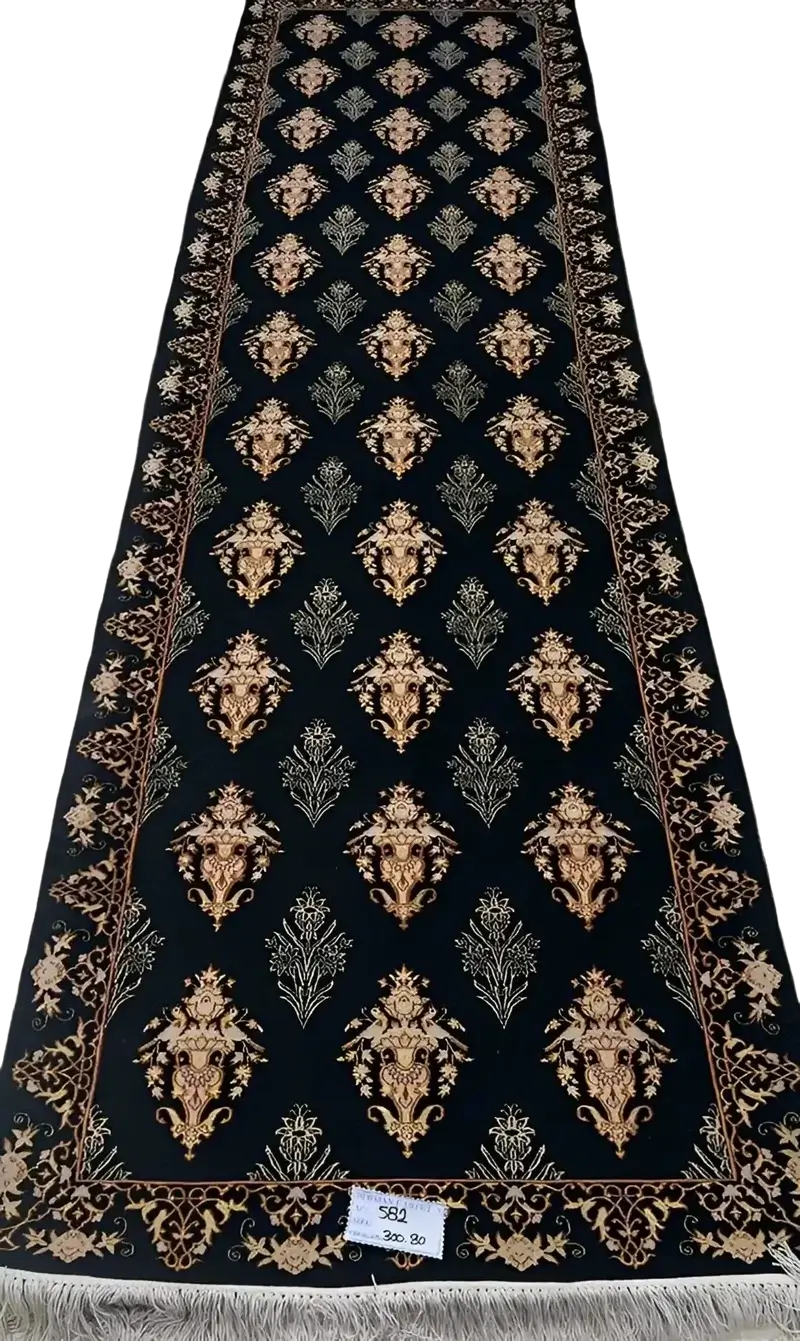 "Hand-knotted black Persian runner rug from Isfahan, featuring a blend of wool and silk, with intricate jewel-toned patterns. Dimensions: 300 cm x 80 cm."

