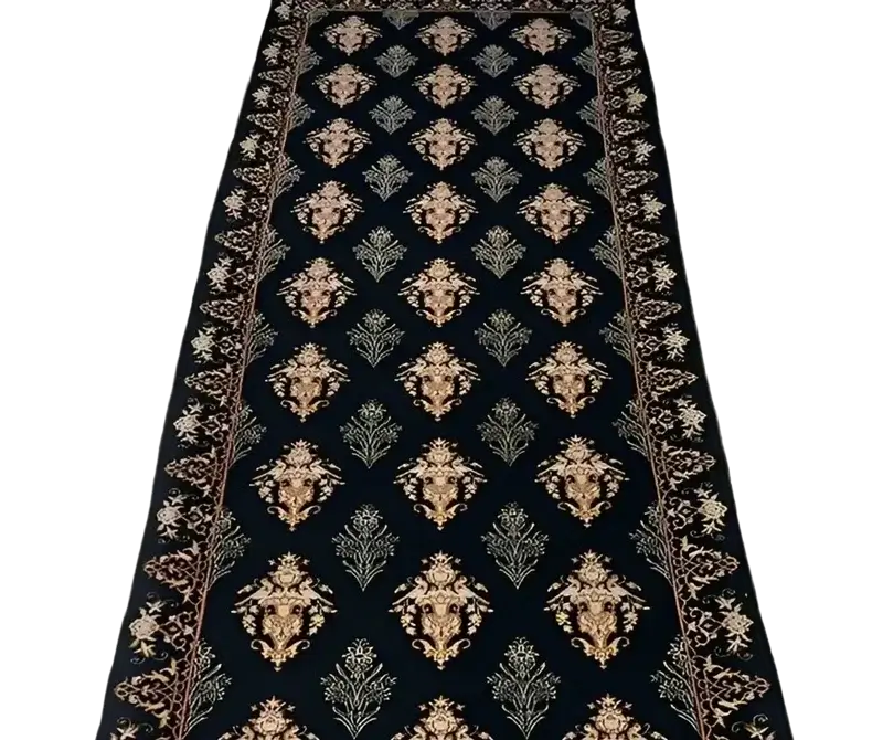 "Luxury Persian black runner rug in wool and silk, hand-crafted in Isfahan, Iran, showcasing timeless elegance with a knot density of 640,000 knots per square meter."

