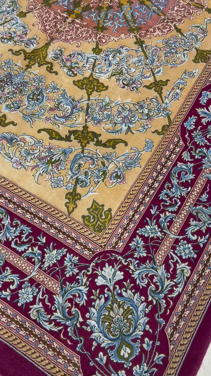 "Experience the beauty and craftsmanship of Persian 5x7 red and beige silk carpets. Watch as our master artisans demonstrate the meticulous process of hand-knotting these luxurious rugs, blending tradition with stunning design."

