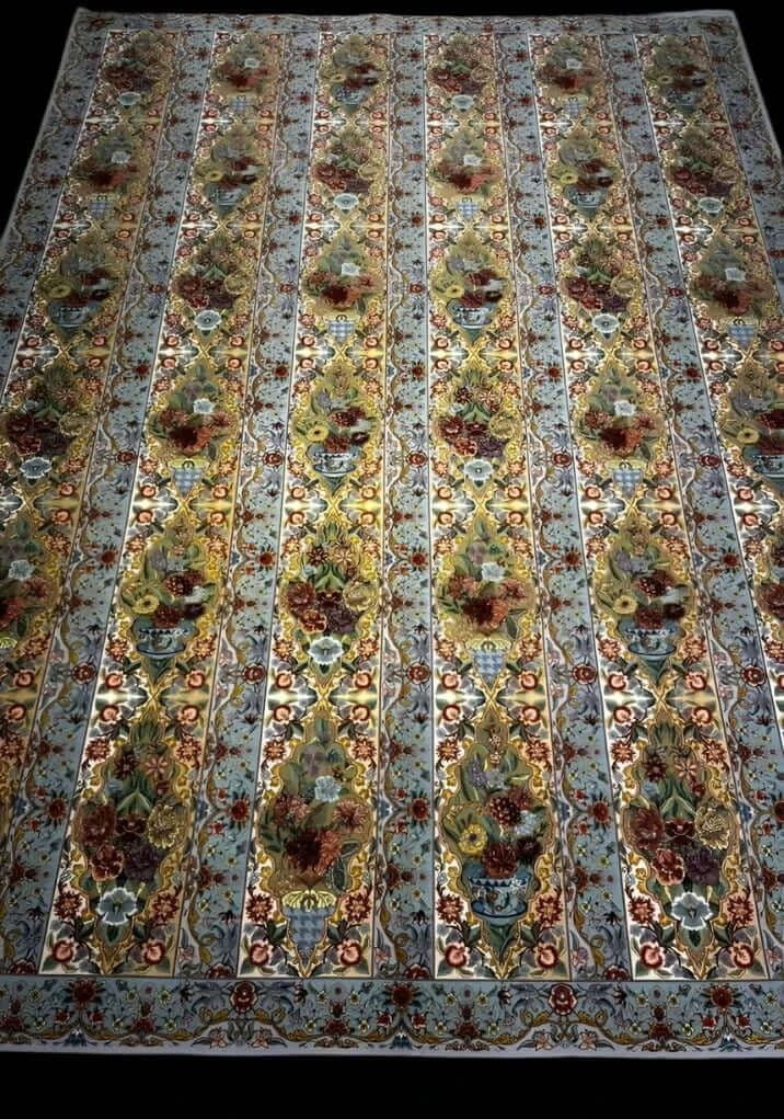 "Master Khajeh Persian rug, 1,000,000 knots/m², hand-knotted in Iran, featuring silk and wool blend."
