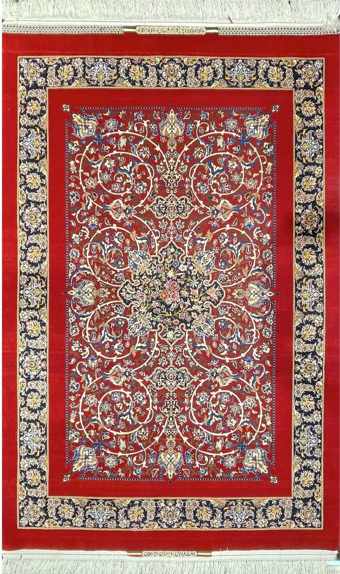 "Hand-knotted red Isfahan Persian rug by Master Bagher Seirafian."
