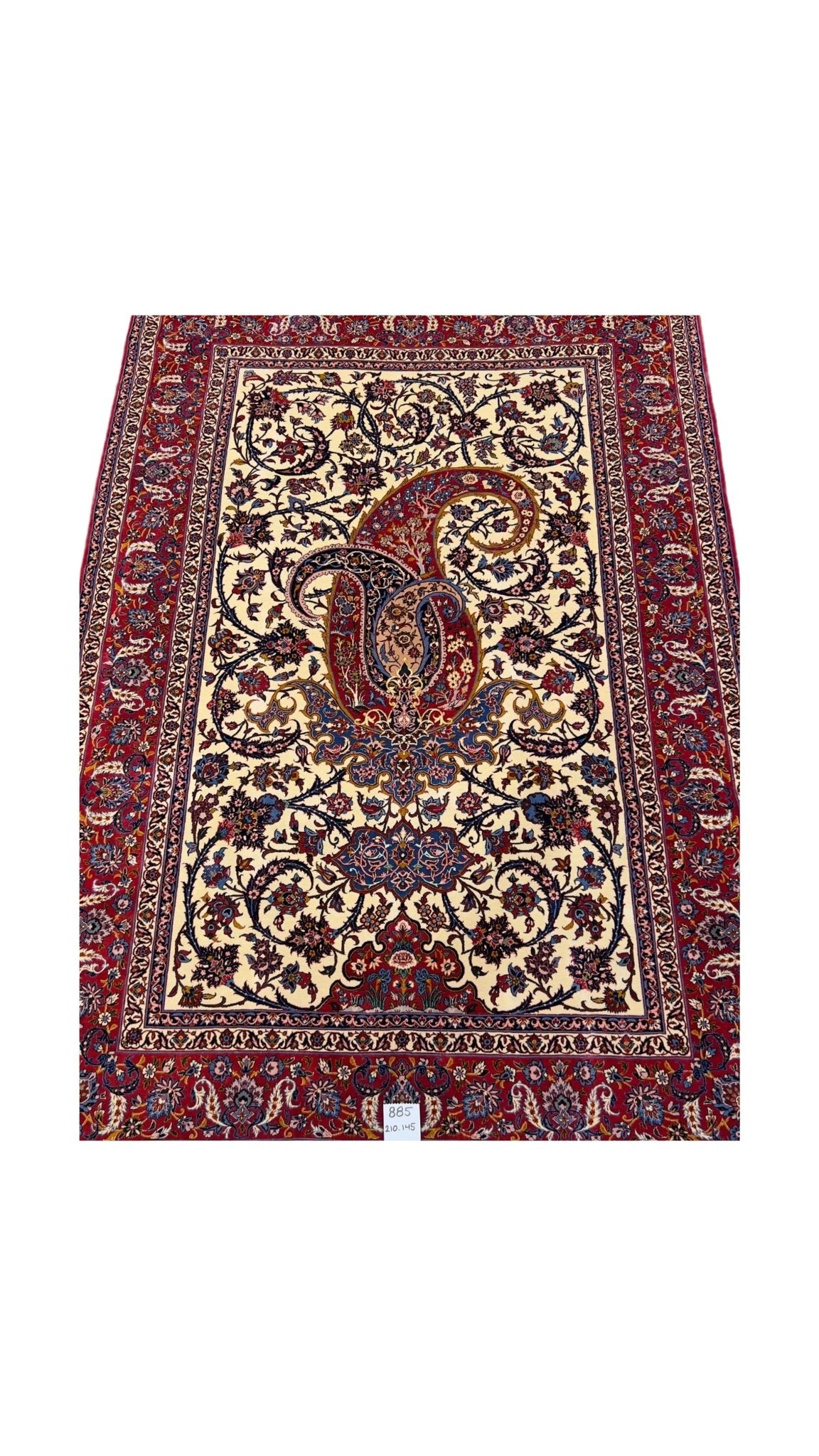  Detailed view of Isfahan Persian rug, 210 x 145 cm, with paisley design.